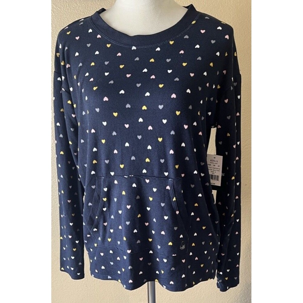 Cuddl Duds Women’s Small Navy Heart Print Crew Neck Pullover Top NWT